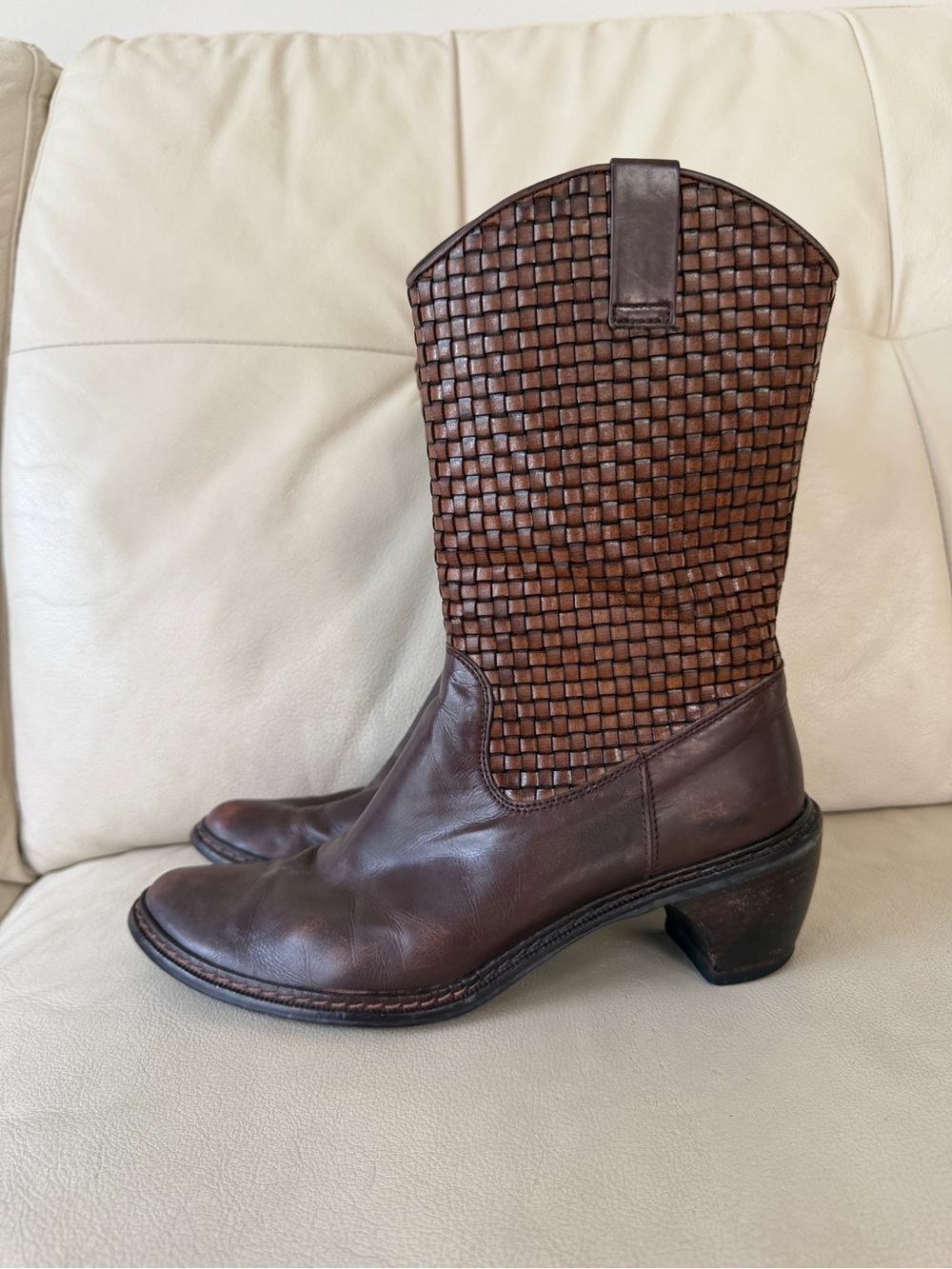 Stuart Weitzman Brown Woven Leather Cowboy Boots Women's Size 6.5 M